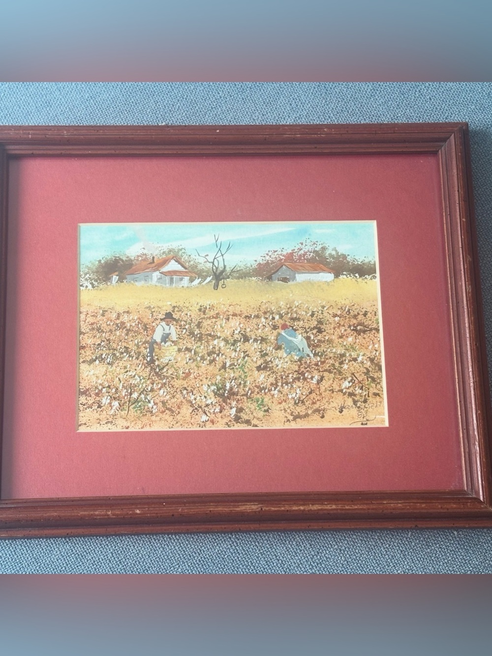 Vintage Framed Rustic Field Scene Wall Original Art in Maroon Matte